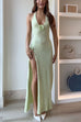 Trixiedress Halter V Neck Backless Slit Rose Applique Knit Maxi Dress