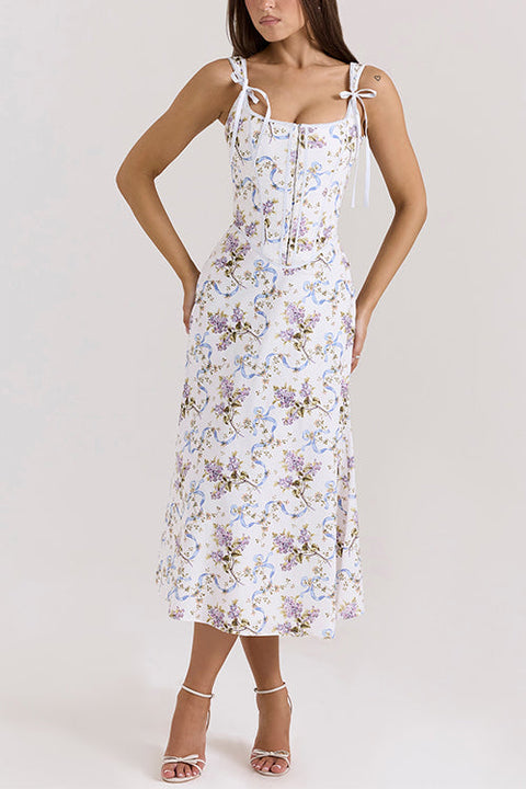 Trixiedress Bow Shoulder Back Lace-up Floral Print Midi Cami Dress