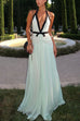 Trixiedress Deep V Neck Halter Backless Color Block Bow Maxi Dress