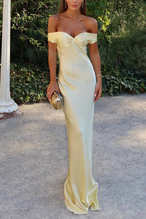 Trixiedress Off Shoulder Backless Cut Out Satin Maxi Dress
