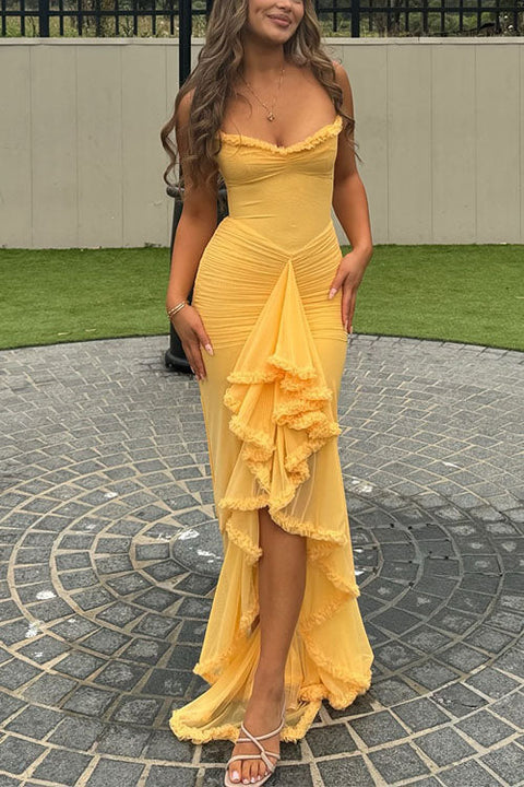 Trixiedress Spaghetti Strap Frill Trim Draped Slit Maxi Dress