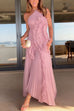 Trixiedress Strappy Halter Neck Ruffle Trim Asymmetric Hem Pleated Maxi Dress