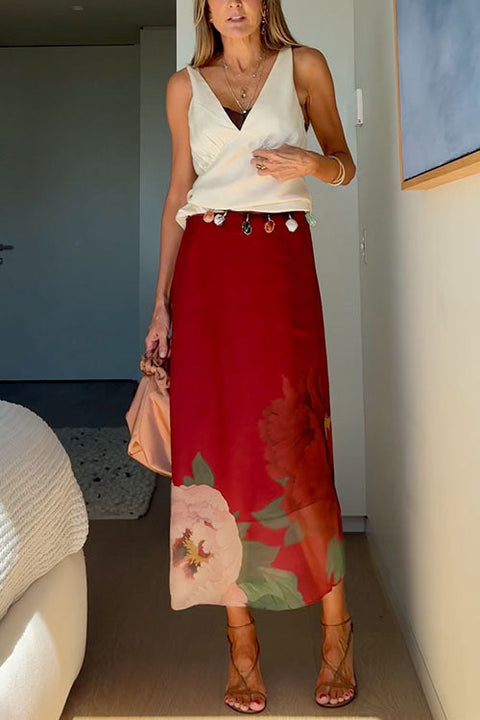 High Waist Floral Print Midi Skirt