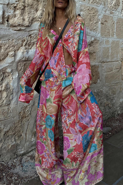 Trixiedress Long Sleeves Button Up Shirt and Wide Leg Pants Floral Print Set