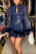 Trixiedress Stand Collar Feather Trim Sequin Mini Party Dress