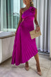 Trixiedress 3D Rose One Shoulder Cut Out Waist Asymmetric Hem Pleated Maxi Dress
