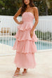 Trixiedress Strapless Empire Waist Ruffle Layered Maxi Dress