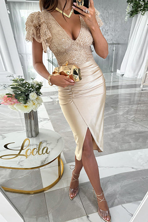 Trixiedress V Neck Ruffle Sleeves Slit Sequin Midi Party Dress