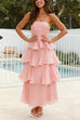 Trixiedress Strapless Empire Waist Ruffle Layered Maxi Dress