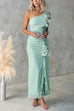 Trixiedress One Shoulder Slit Ruched Ruffle Mesh Maxi Dress