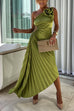 Trixiedress 3D Rose One Shoulder Cut Out Waist Asymmetric Hem Pleated Maxi Dress