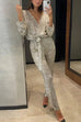 Trixiedress Wrap V Neck Tie Waist Sequin Jumpsuit