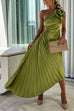 Trixiedress 3D Rose One Shoulder Cut Out Waist Asymmetric Hem Pleated Maxi Dress