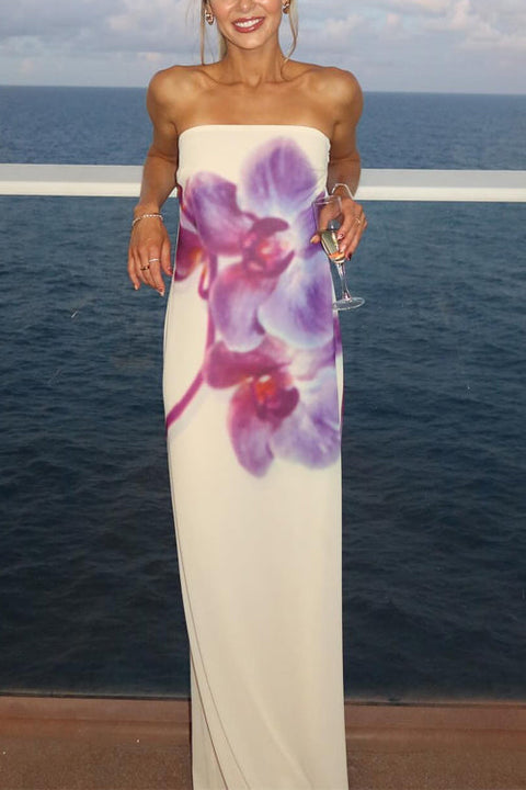 Trixiedress Elegant Strapless Floral Print Maxi Dress
