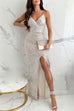 Trixiedress Spaghetti Strap V Neck High Slit Sequin Maxi Party Dress
