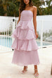 Trixiedress Strapless Empire Waist Ruffle Layered Maxi Dress