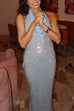 Trixiedress Halter Cowl Neck Open Back Sequin Maxi Party Dress