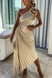 Trixiedress 3D Rose One Shoulder Cut Out Waist Asymmetric Hem Pleated Maxi Dress