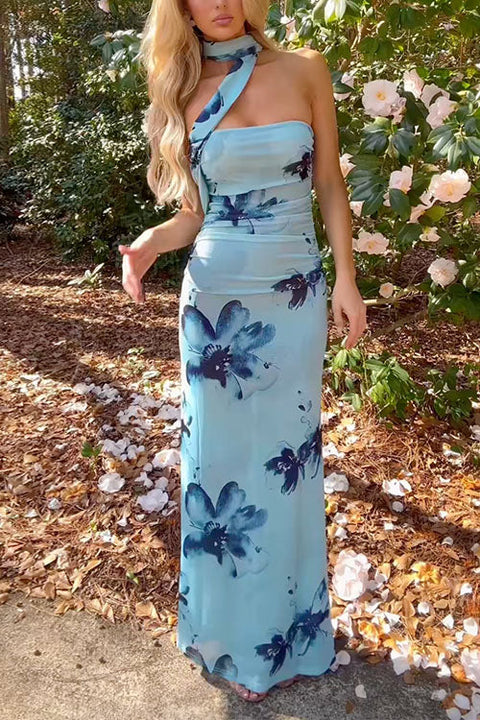 Trixiedress Strapless Floral Print Mesh Bodycon Maxi Dress