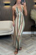Trixiedress Halter V Neck Backless Color Block Crochet Maxi Dress