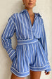 Trixiedress Striped Long Sleeves Curve Hem Shirt and High Rise Shorts Set