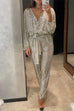 Trixiedress Wrap V Neck Tie Waist Sequin Jumpsuit