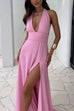 Trixiedress Deep V Neck Halter Tie Knot Backless Slit Maxi Dress