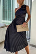 Trixiedress 3D Rose One Shoulder Cut Out Waist Asymmetric Hem Pleated Maxi Dress
