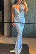 Trixiedress Halter Cowl Neck Open Back Sequin Maxi Party Dress