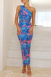 Trixiedress One Shoulder Ruched Floral Print Bodycon Maxi Dress