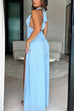 Trixiedress Deep V Neck Halter Tie Knot Backless Slit Maxi Dress