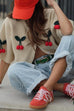 Trixiedress Short Sleeves Button Up Cherry Decorative Knit Sweater