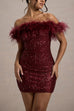 Trixiedress Off Shoulder Feather Trim Sequin Mini Party Dress