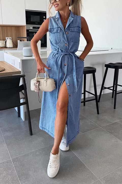 Trixiedress Sleeveless Button Down Tie Waist Pocketed Denim Midi Dress