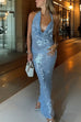 Trixiedress Halter Cowl Neck Open Back Sequin Maxi Party Dress