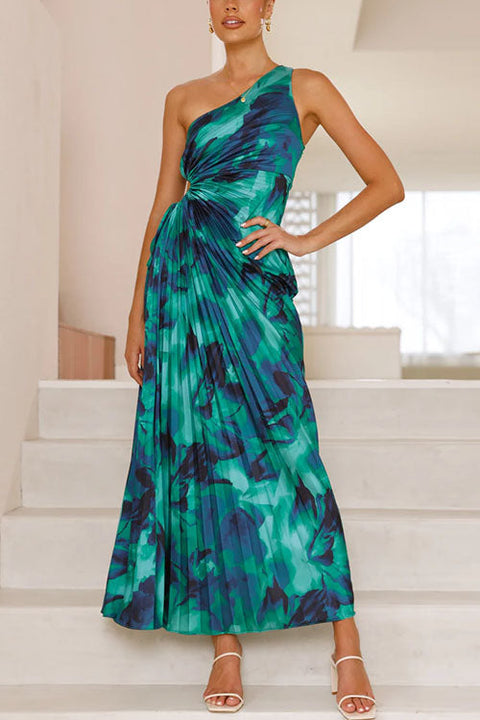 Trixiedress One Shoulder Drawstring Cut Out Printed Maxi Pleated Dress