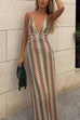 Trixiedress Halter V Neck Backless Color Block Crochet Maxi Dress