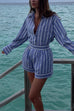 Trixiedress Striped Long Sleeves Curve Hem Shirt and High Rise Shorts Set