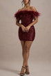 Trixiedress Off Shoulder Feather Trim Sequin Mini Party Dress