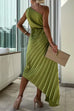 Trixiedress 3D Rose One Shoulder Cut Out Waist Asymmetric Hem Pleated Maxi Dress