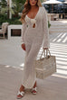 Trixiedress V Neck Long Sleeves Backless Crochet Hollow Out Knit Maxi Dress