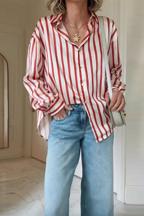 Trixiedress Long Sleeves Button Down Striped Blouse Shirt