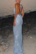 Trixiedress Halter Cowl Neck Open Back Sequin Maxi Party Dress