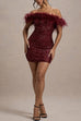 Trixiedress Off Shoulder Feather Trim Sequin Mini Party Dress