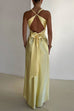 Trixiedress V Neck Back Tie Bow Cut Out Satin Maxi Dress