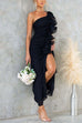 Trixiedress One Shoulder Slit Ruffle Mesh Maxi Dress