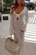 Trixiedress V Neck Long Sleeves Backless Crochet Hollow Out Knit Maxi Dress
