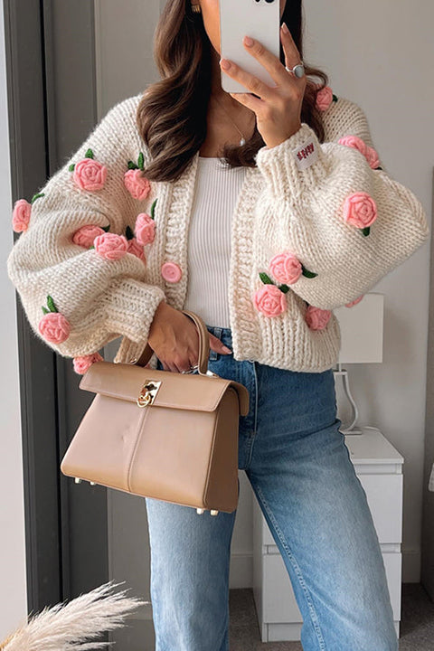 Trixiedress Button Down Flower Applique Sweater Cardigan