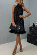 Trixiedress Halter Sleeveless Feather Hem Sequin Dress