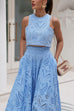 Trixiedress Lace Hollow Out Crewneck Crop Tank Top High Waist Maxi Swing Skirt Set